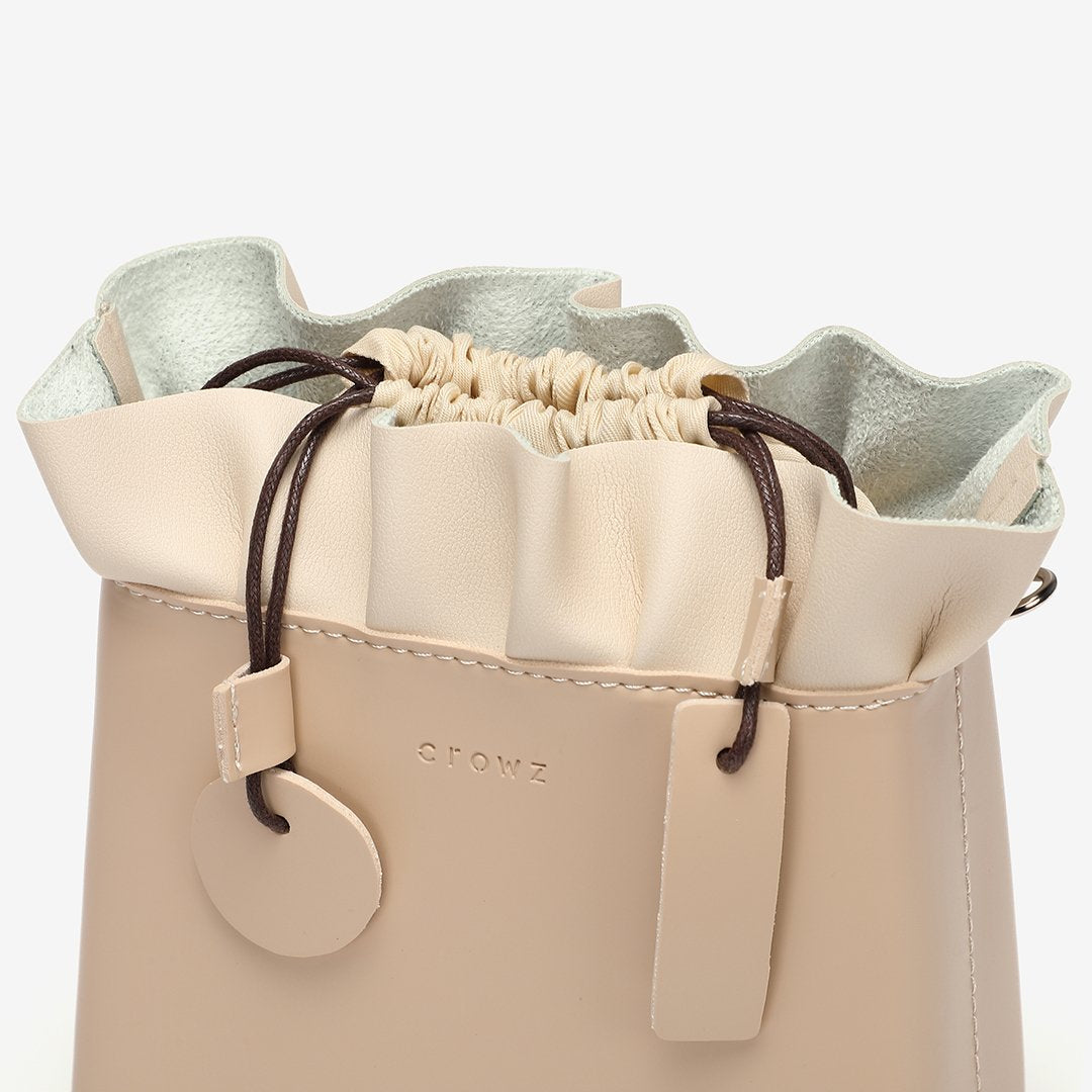 Ruffled top PU leather bucket bag