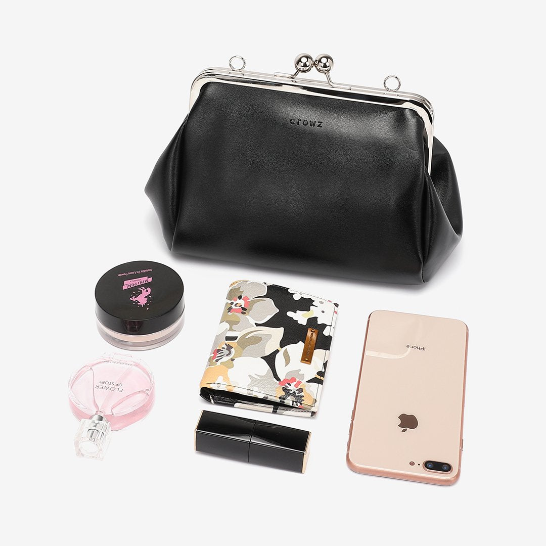 Kiss-lock PU leather crossbody bag