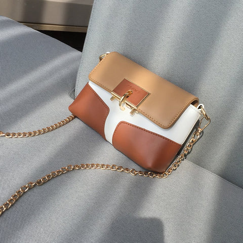 Metal loop lock colourblock PU leather crossbody bag