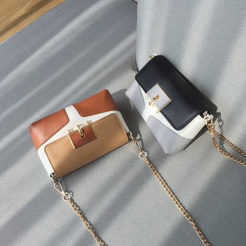 Metal loop lock colourblock PU leather crossbody bag