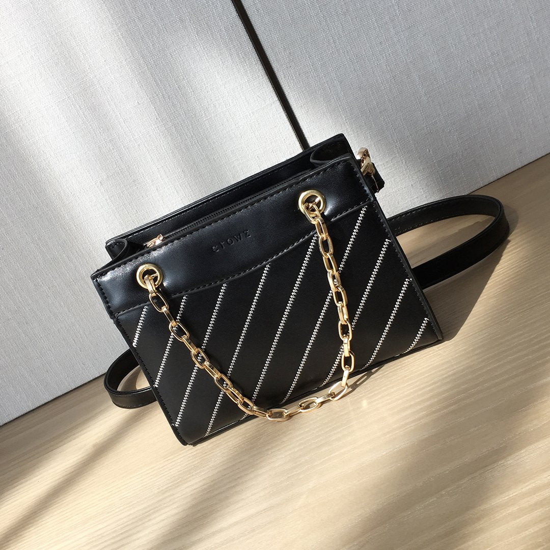Striped panel chain handle PU leather crossbody bag
