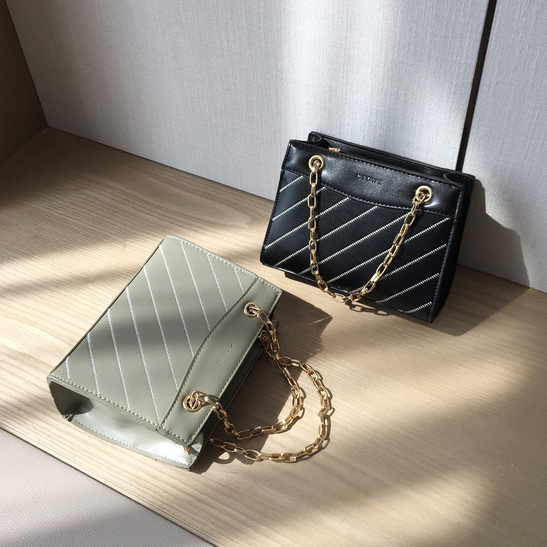 Striped panel chain handle PU leather crossbody bag