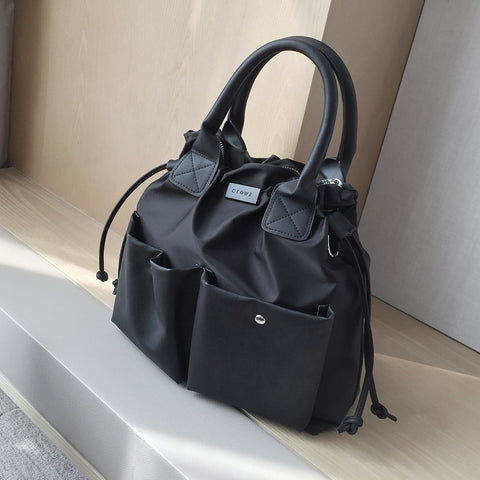 Double front PU leather pocket side drawstring large nylon tote