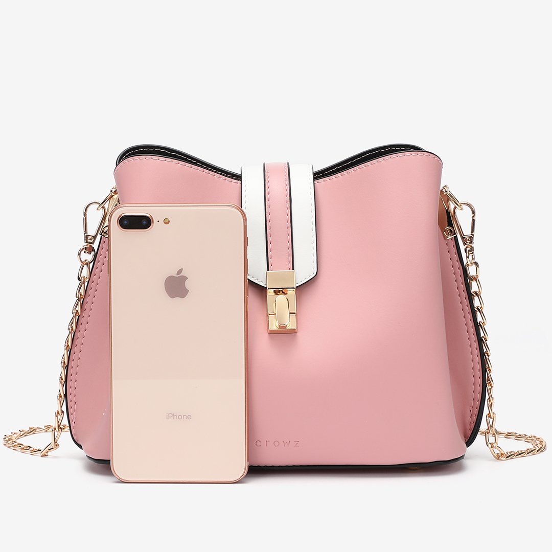 Striped strap PU leather bucket bag