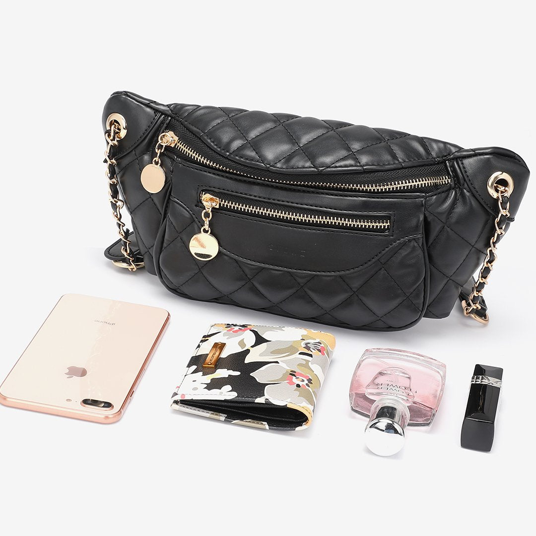 Double zip quilted PU leather bum bag