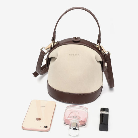 Retro snap-fastening cylindrical PU leather bucket bag