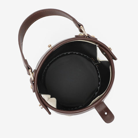 Retro snap-fastening cylindrical PU leather bucket bag