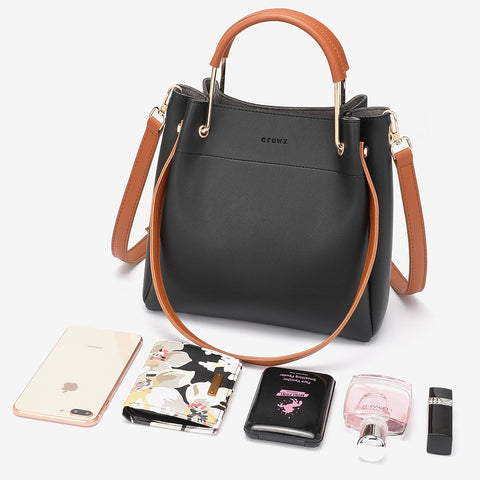 Metal top handle dual strap PU leather bucket bag