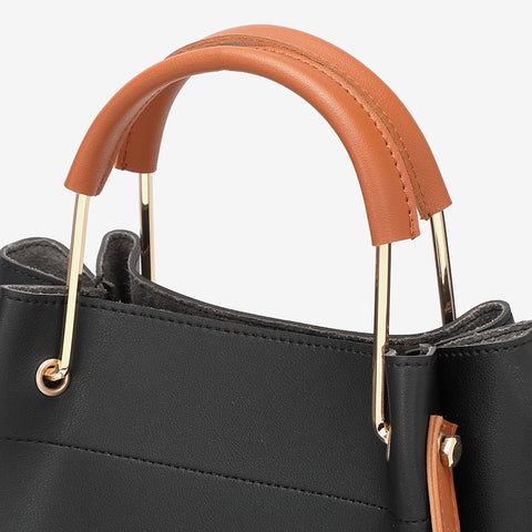 Metal top handle dual strap PU leather bucket bag