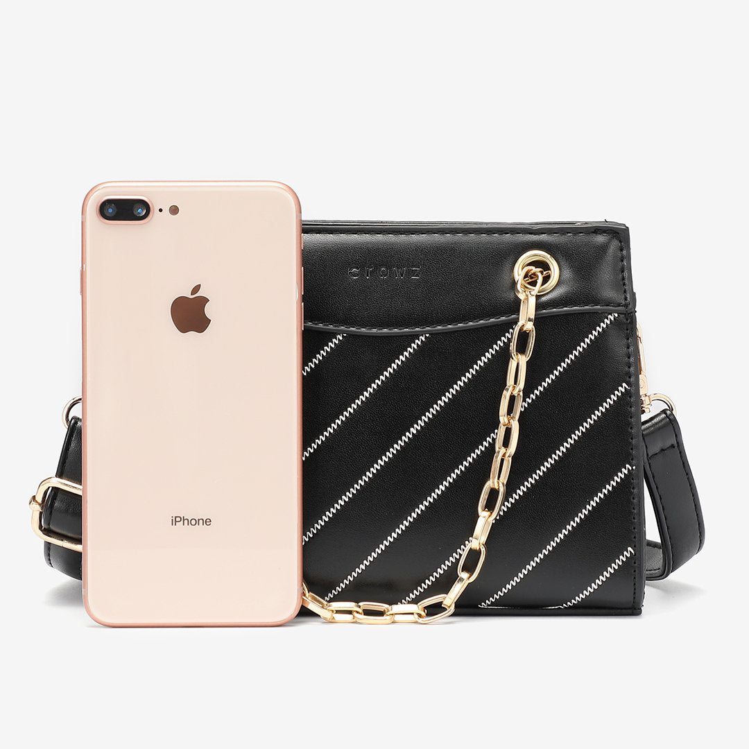 Striped panel chain handle PU leather crossbody bag