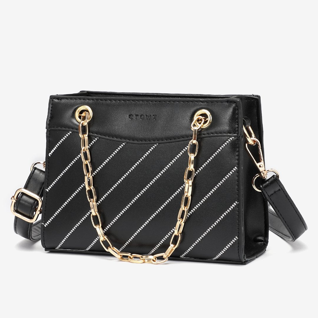 Striped panel chain handle PU leather crossbody bag