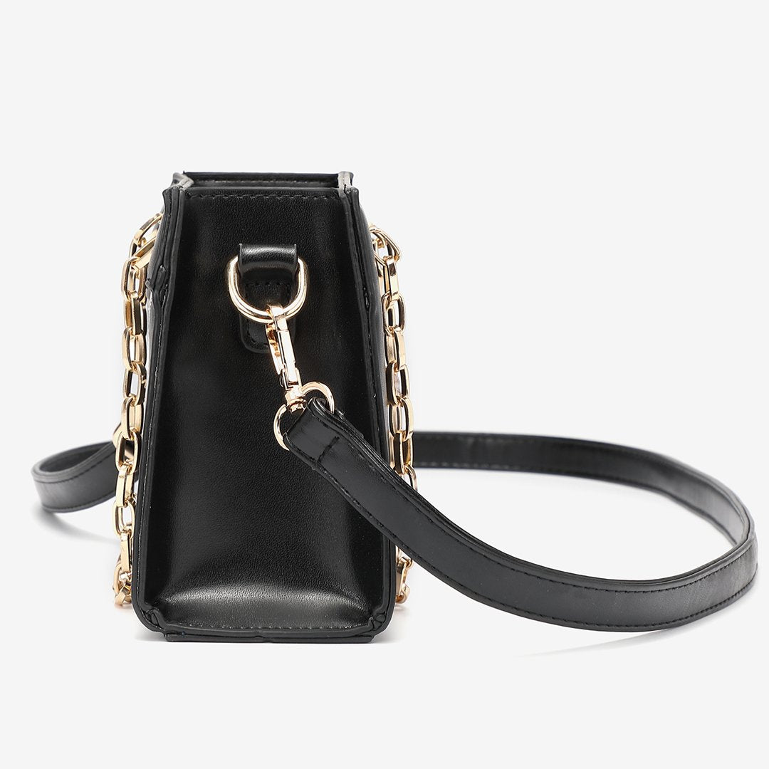Striped panel chain handle PU leather crossbody bag