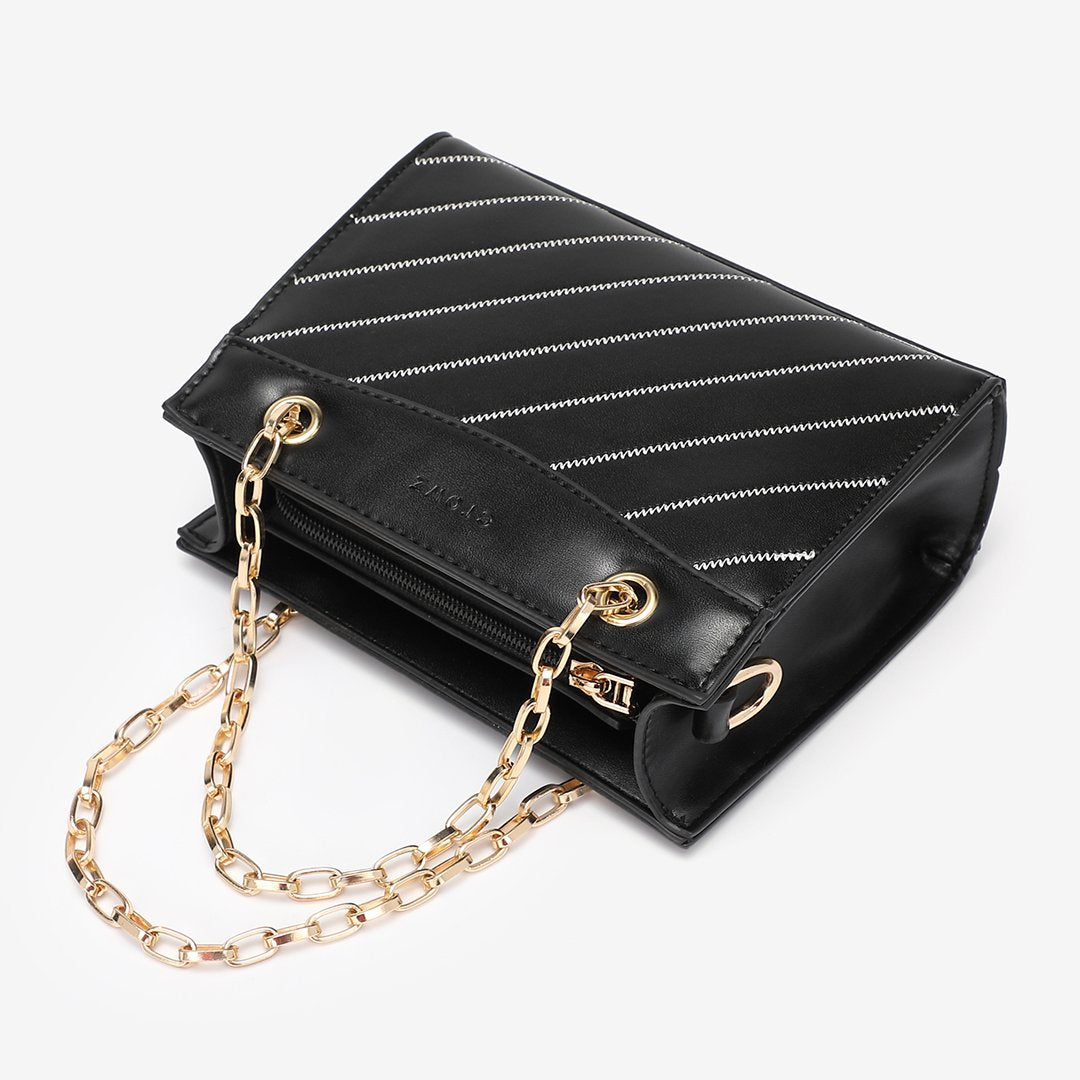 Striped panel chain handle PU leather crossbody bag