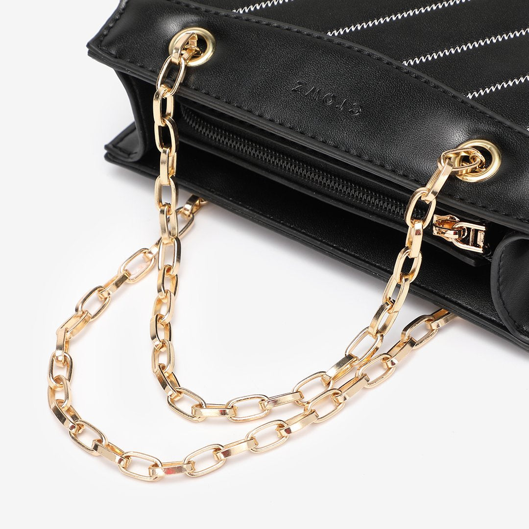 Striped panel chain handle PU leather crossbody bag