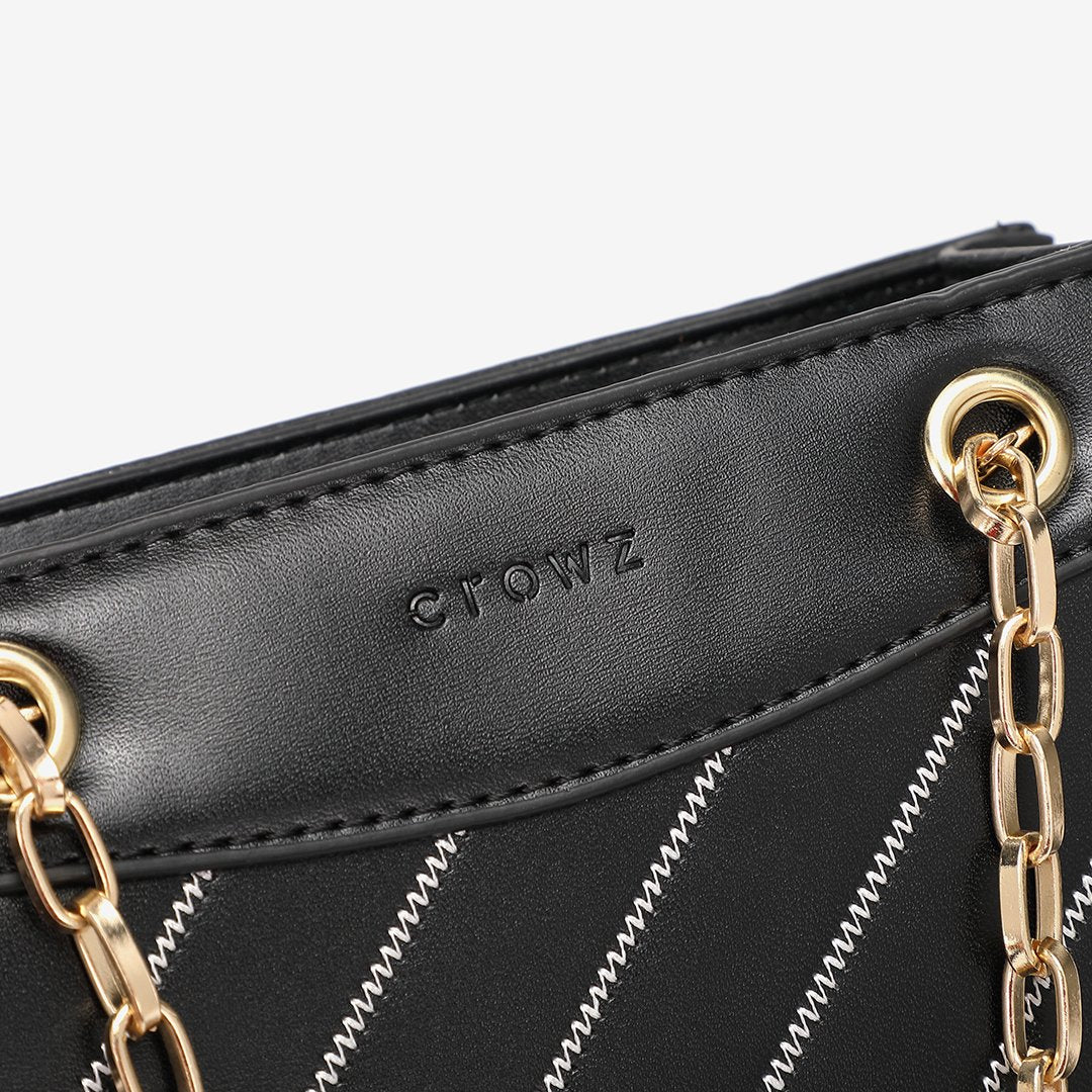 Striped panel chain handle PU leather crossbody bag