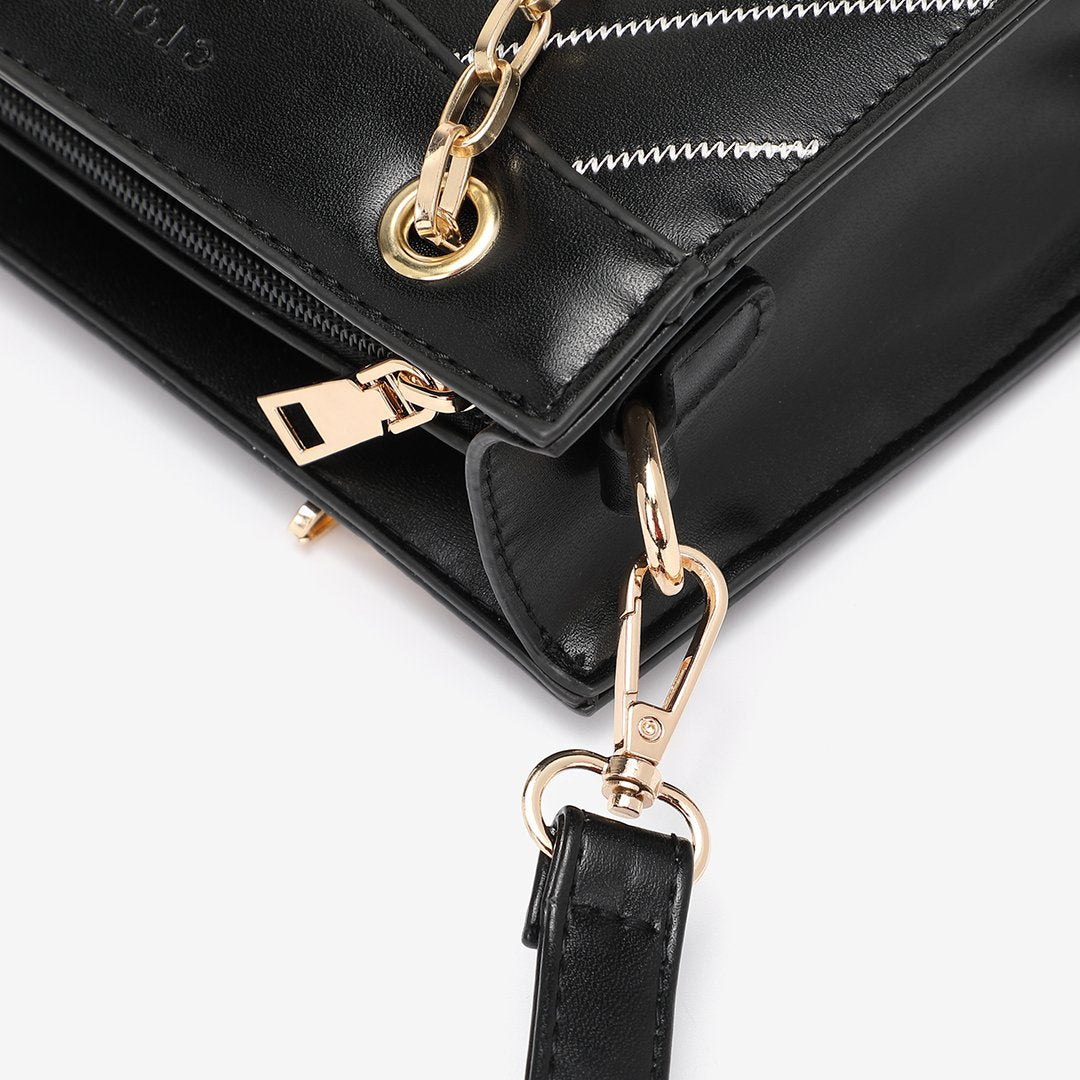 Striped panel chain handle PU leather crossbody bag