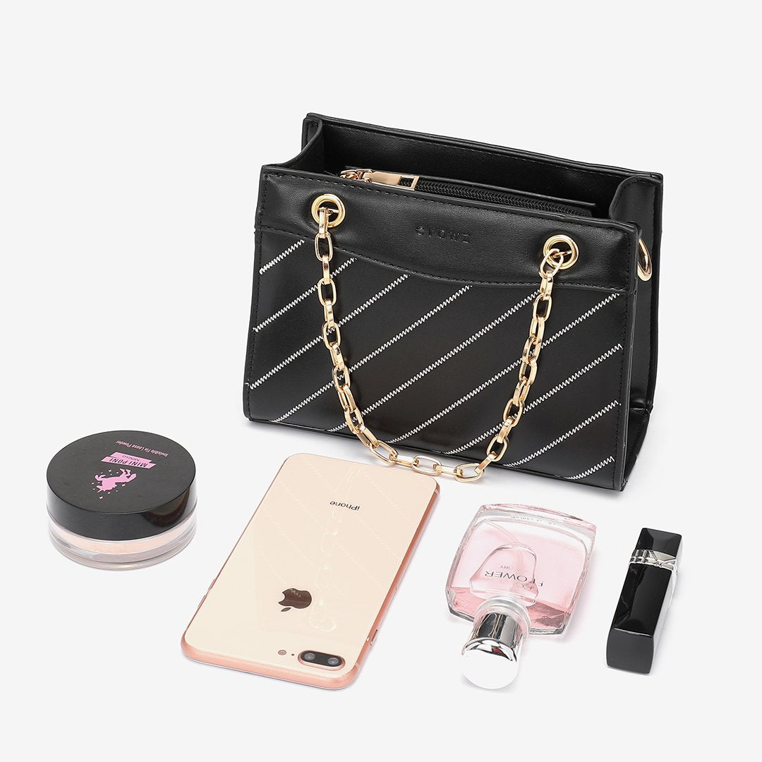 Striped panel chain handle PU leather crossbody bag