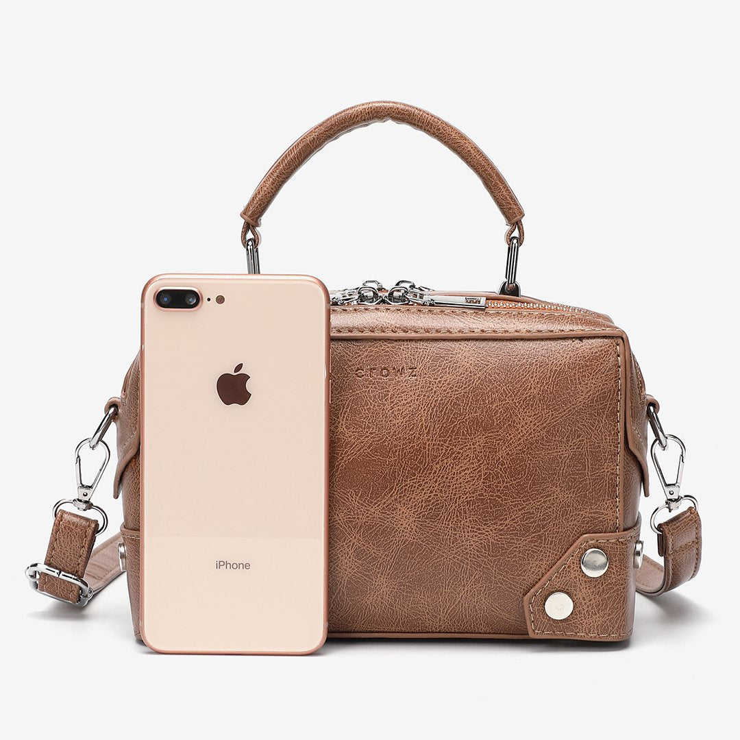 Studded corner marble-effect creased PU leather bag