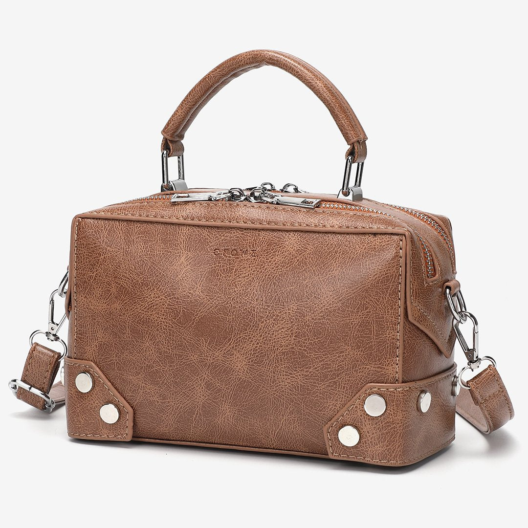 Studded corner marble-effect creased PU leather bag