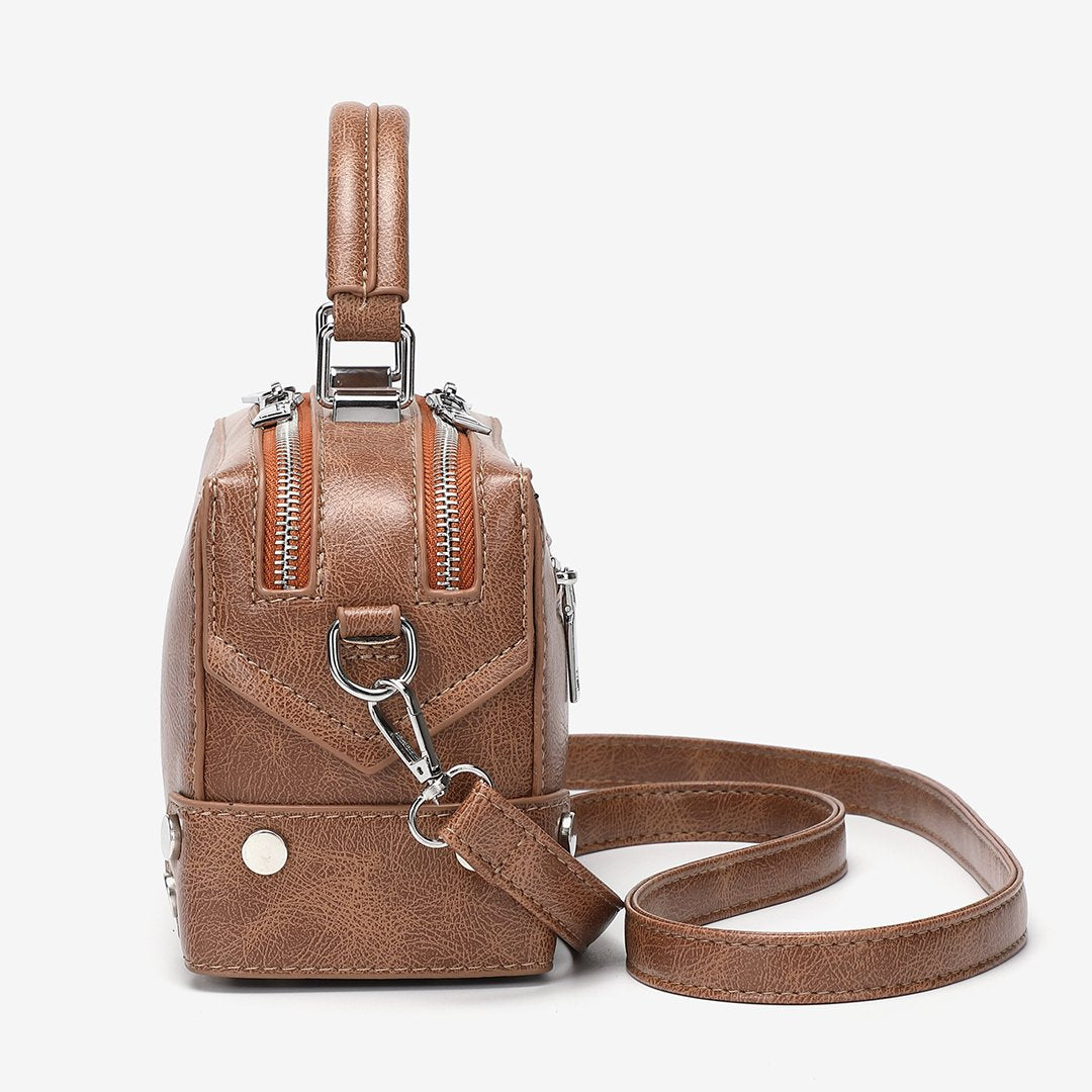 Studded corner marble-effect creased PU leather bag