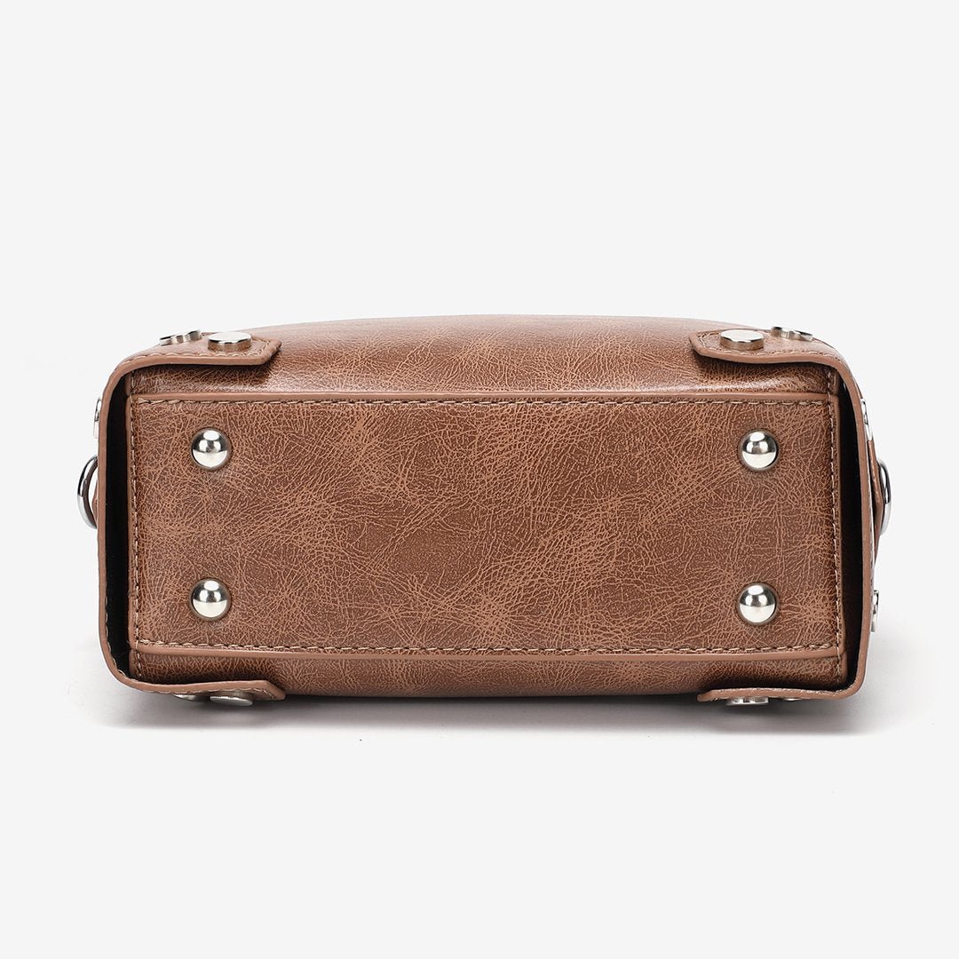 Studded corner marble-effect creased PU leather bag