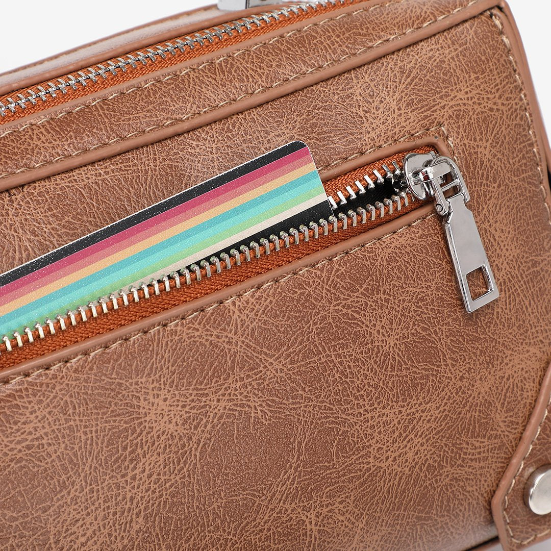 Studded corner marble-effect creased PU leather bag