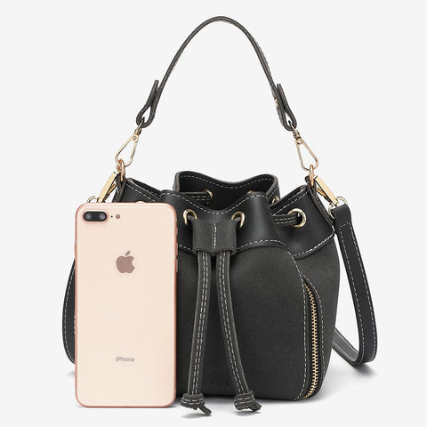 Zip detail drawstring dual compartment PU leather bucket bag