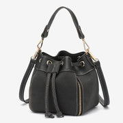 Zip detail drawstring dual compartment PU leather bucket bag