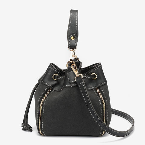 Zip detail drawstring dual compartment PU leather bucket bag
