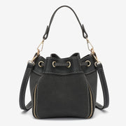 Zip detail drawstring dual compartment PU leather bucket bag