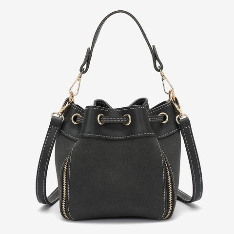 Zip detail drawstring dual compartment PU leather bucket bag