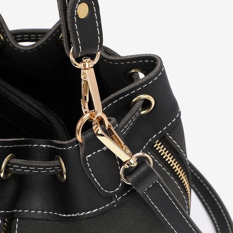 Zip detail drawstring dual compartment PU leather bucket bag
