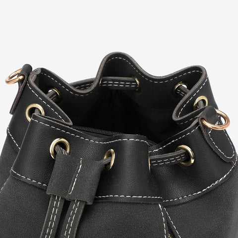Zip detail drawstring dual compartment PU leather bucket bag
