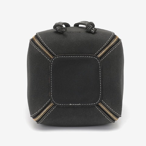 Zip detail drawstring dual compartment PU leather bucket bag