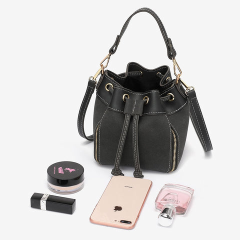 Zip detail drawstring dual compartment PU leather bucket bag