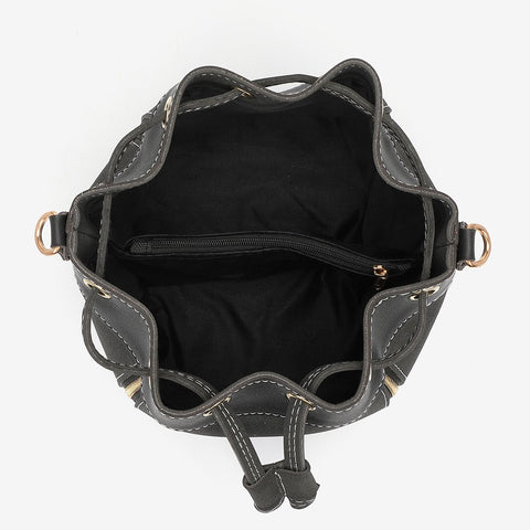 Zip detail drawstring dual compartment PU leather bucket bag
