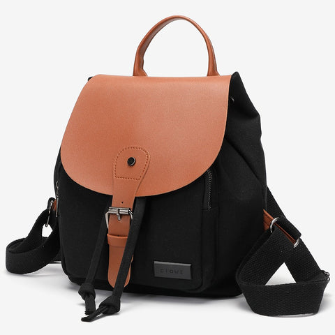 PU leather buckled strap flap small canvas backpack