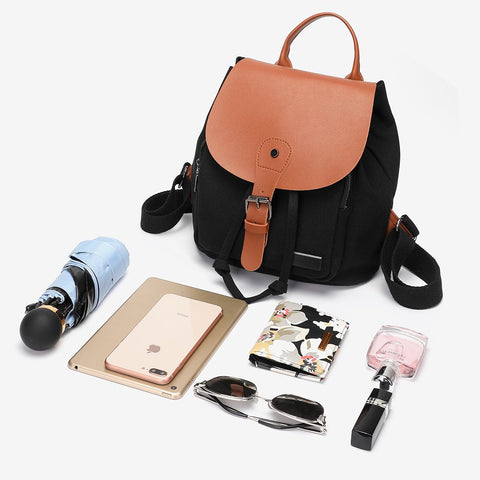 PU leather buckled strap flap small canvas backpack