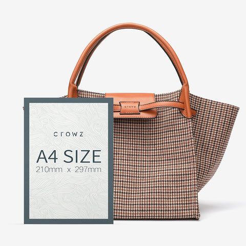 PU leather trim houndstooth trapeze canvas tote