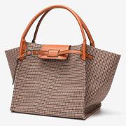 PU leather trim houndstooth trapeze canvas tote
