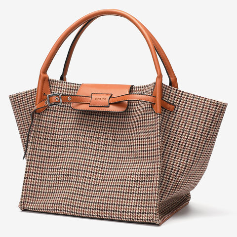 PU leather trim houndstooth trapeze canvas tote
