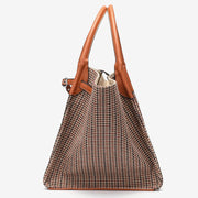 PU leather trim houndstooth trapeze canvas tote