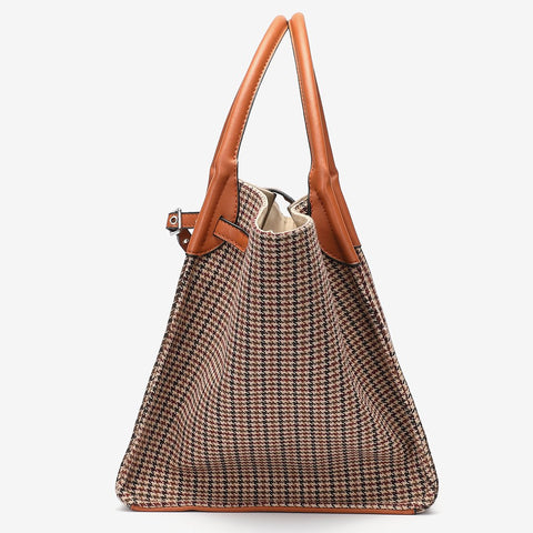 PU leather trim houndstooth trapeze canvas tote