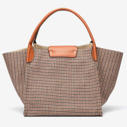 PU leather trim houndstooth trapeze canvas tote