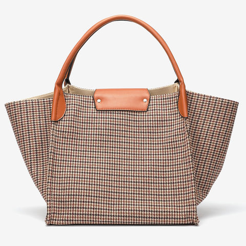 PU leather trim houndstooth trapeze canvas tote
