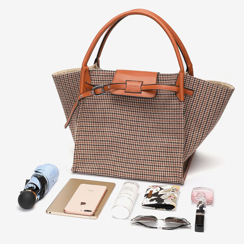 PU leather trim houndstooth trapeze canvas tote