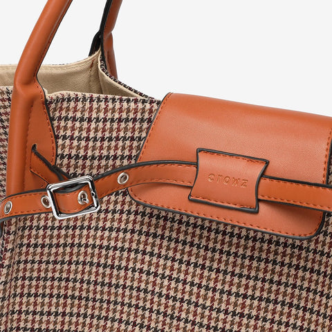 PU leather trim houndstooth trapeze canvas tote