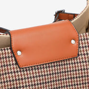 PU leather trim houndstooth trapeze canvas tote