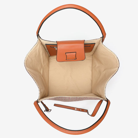 PU leather trim houndstooth trapeze canvas tote