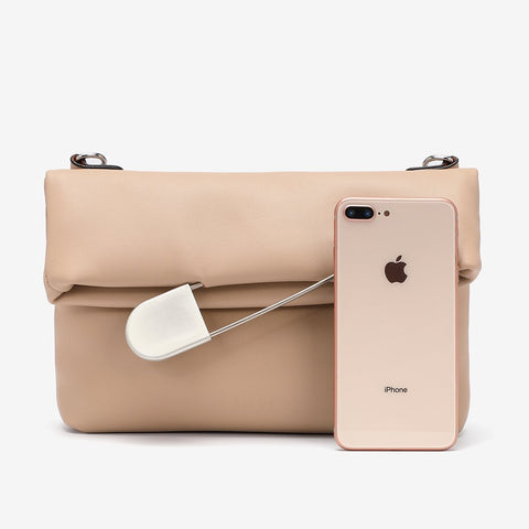 Safety pin embellished flap crossbody bag